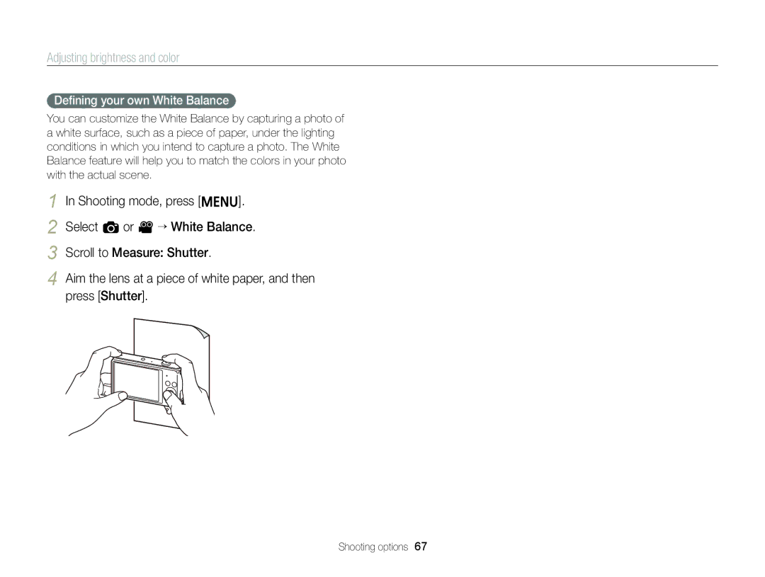 Samsung EC-ST88ZZBPBE2, EC-ST88ZZBPWE1, EC-ST88ZZBPBE1, EC-ST88ZZBPLE1, EC-ST88ZZFPLE1 manual Deﬁning your own White Balance 