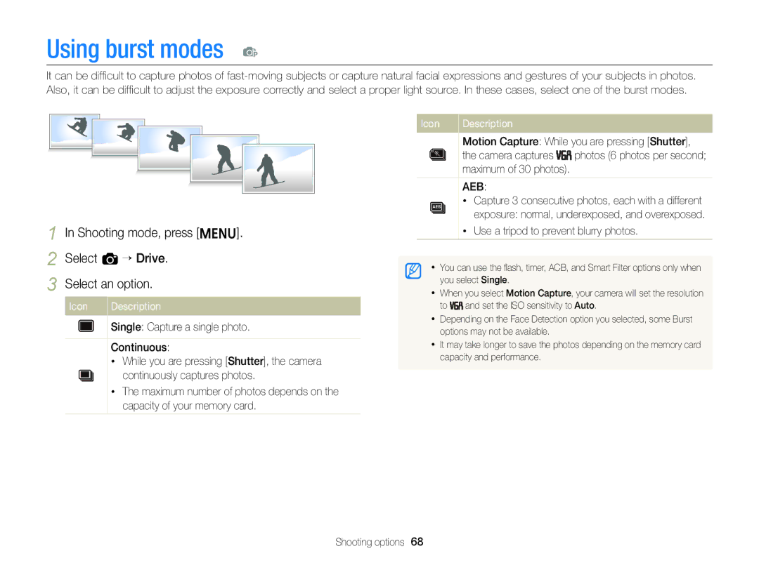 Samsung EC-ST88ZZFPBE2 Using burst modes p, Shooting mode, press m Select a “ Drive Select an option, Camera captures 