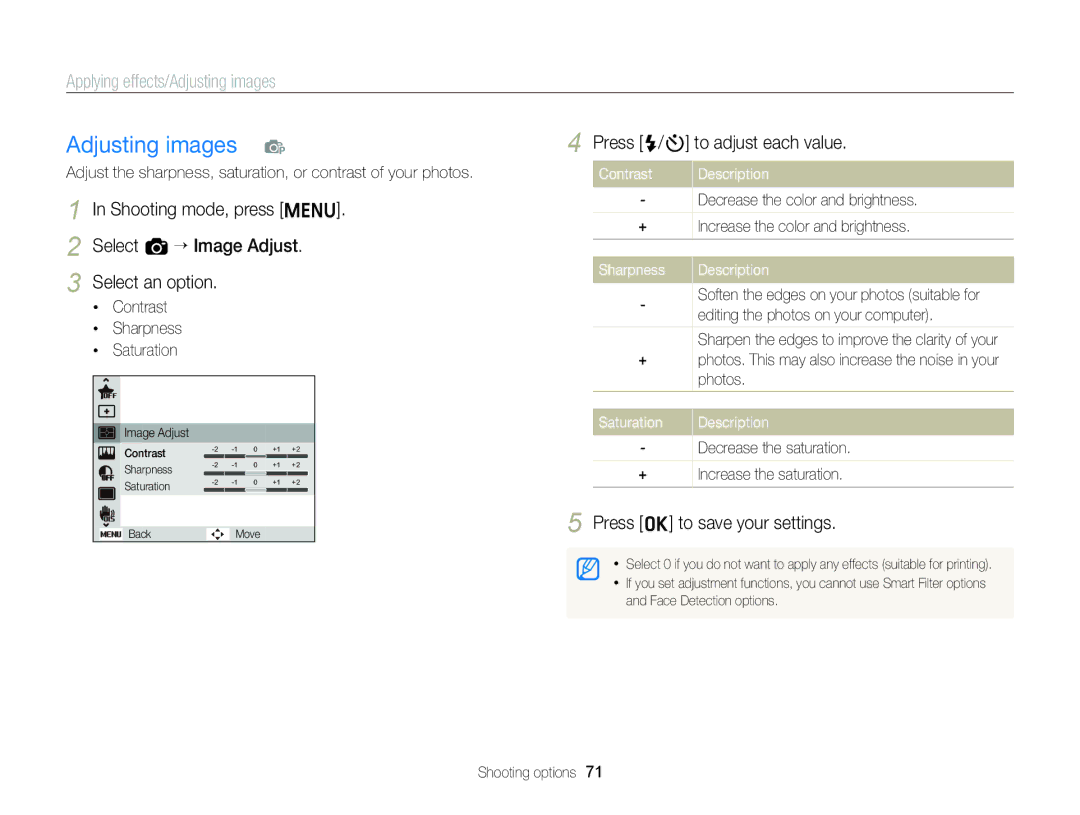 Samsung EC-ST89ZZBPWRU, EC-ST88ZZBPWE1 manual Press F/t to adjust each value, Contrast, Sharpness Description, Saturation 