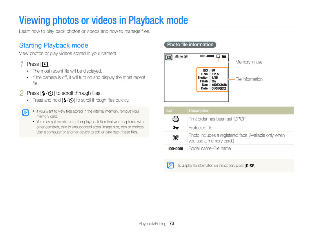 Samsung EC-ST88ZZFPLRU Viewing photos or videos in Playback mode, Starting Playback mode, Press P, Photo ﬁle information 