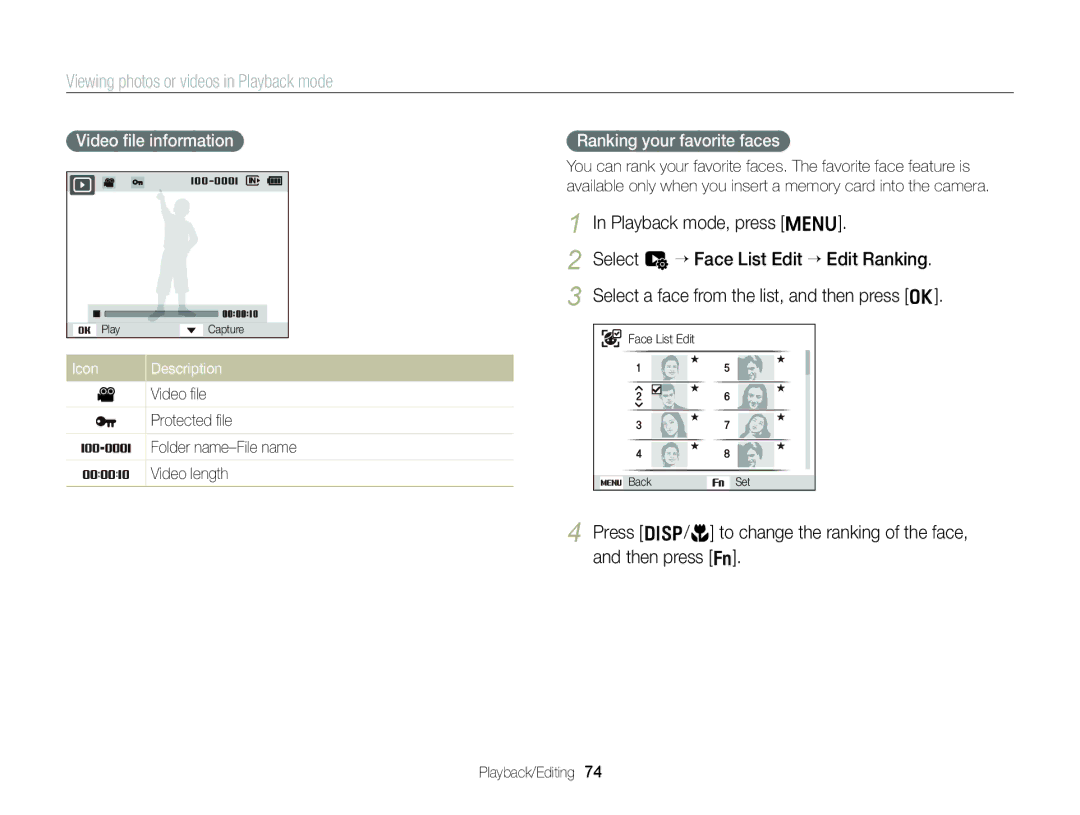 Samsung EC-ST88ZZFPBRU manual Viewing photos or videos in Playback mode, Playback mode, press m, Video ﬁle information 