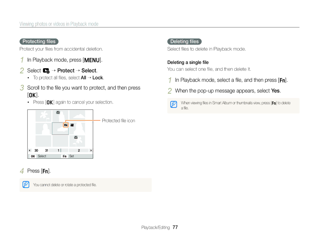 Samsung EC-ST88ZZBPWE1, EC-ST88ZZBPBE1 Playback mode, press m Select u “ Protect “ Select, Protecting ﬁles, Deleting ﬁles 
