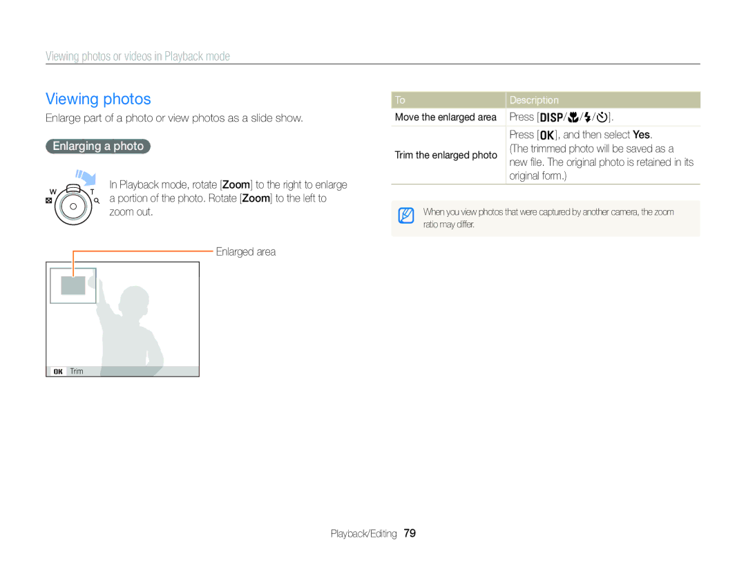 Samsung EC-ST88ZZBPLE1 manual Viewing photos, Enlarging a photo, Enlarge part of a photo or view photos as a slide show 