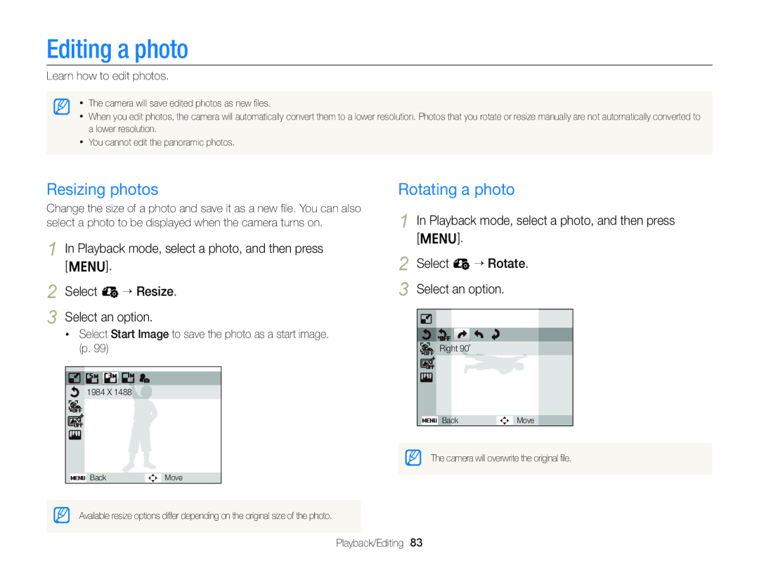 Samsung EC-ST88ZZFPBIL, EC-ST88ZZBPWE1 manual Editing a photo, Resizing photos, Rotating a photo, Learn how to edit photos 