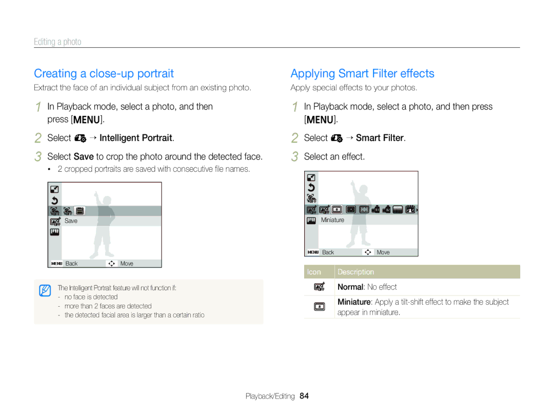 Samsung EC-ST88ZZFPWIL, EC-ST88ZZBPWE1 manual Creating a close-up portrait Applying Smart Filter effects, Editing a photo 