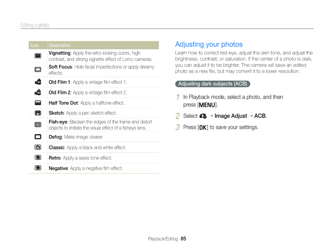 Samsung EC-ST88ZZBPWRU, EC-ST88ZZBPWE1, EC-ST88ZZBPBE1, EC-ST88ZZBPLE1 Adjusting your photos, Adjusting dark subjects ACB 