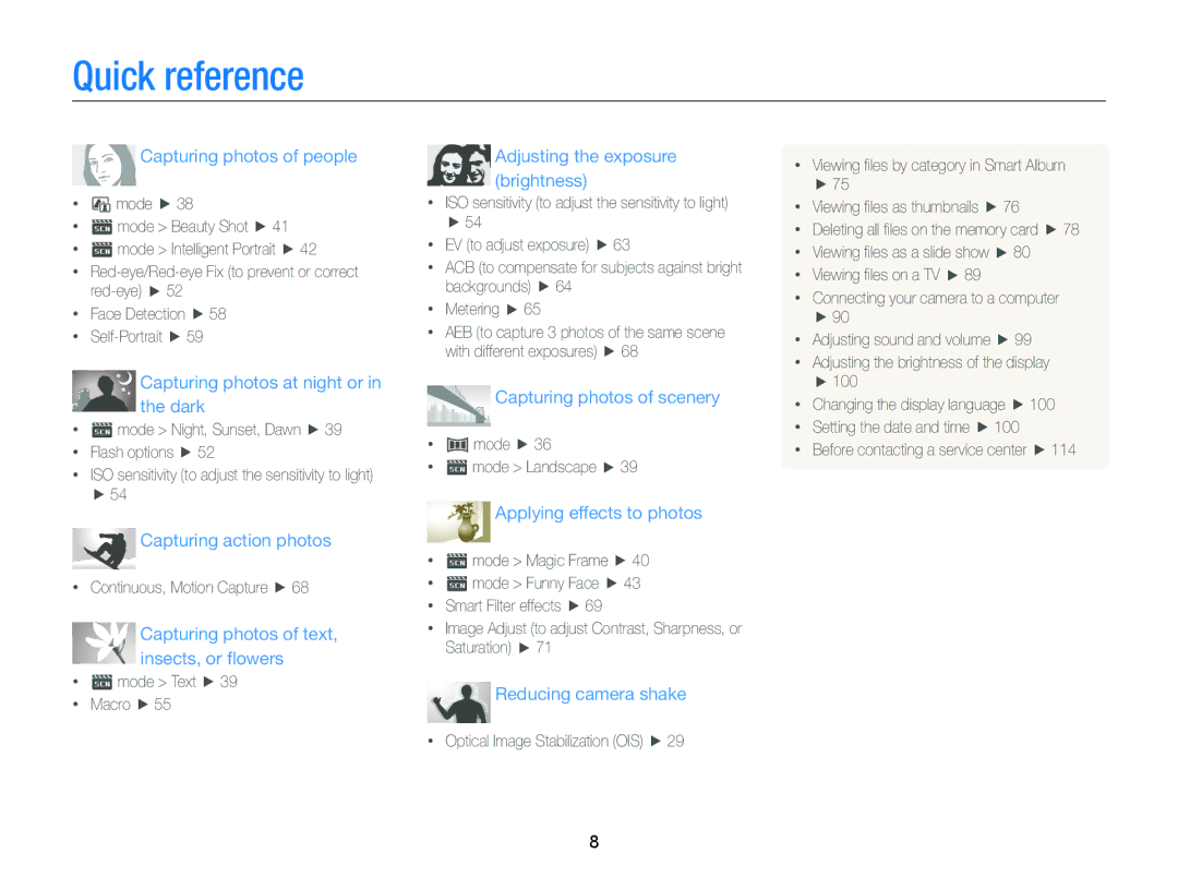 Samsung EC-ST88ZZDPBME, EC-ST88ZZBPWE1, EC-ST88ZZBPBE1, EC-ST88ZZBPLE1 manual Quick reference, Capturing photos of people 