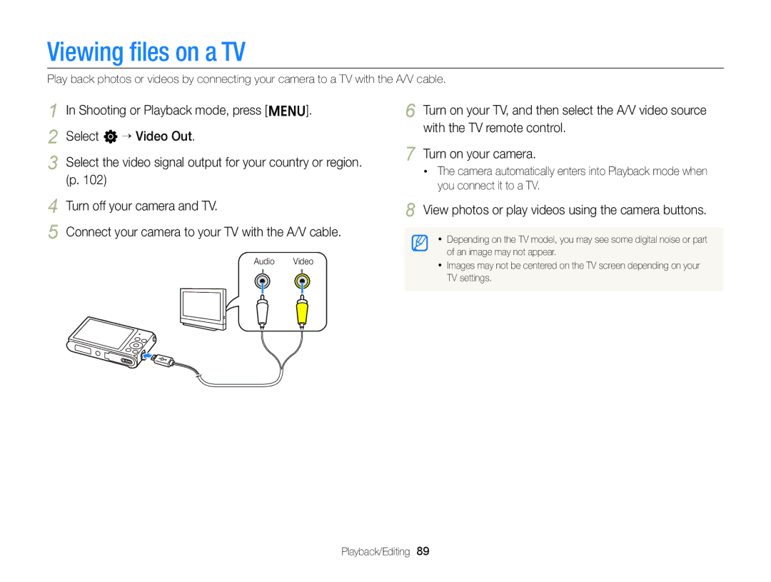 Samsung EC-ST88ZZDPWME, EC-ST88ZZBPWE1 manual Viewing ﬁles on a TV, View photos or play videos using the camera buttons 