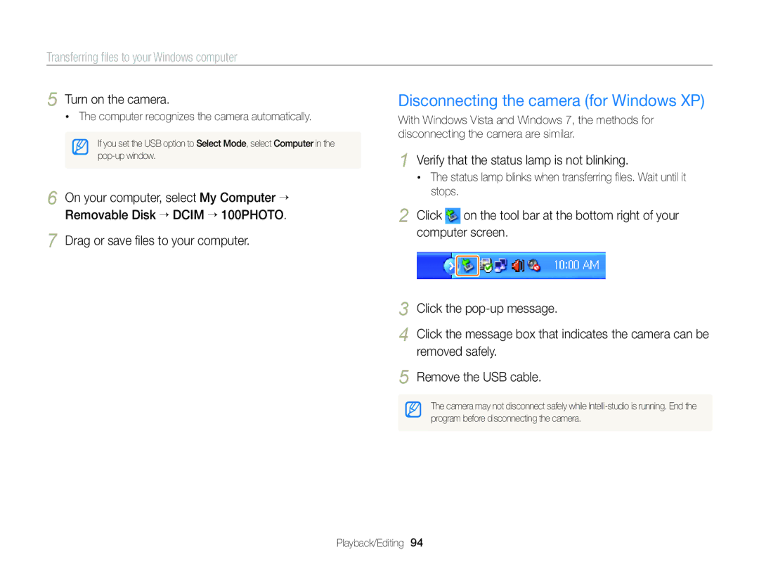 Samsung EC-ST88ZZDPBIR Drag or save ﬁles to your computer, Verify that the status lamp is not blinking, Removed safely 