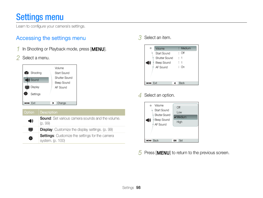 Samsung EC-ST88ZZFPBE3 manual Settings menu, Accessing the settings menu, Shooting or Playback mode, press m Select a menu 