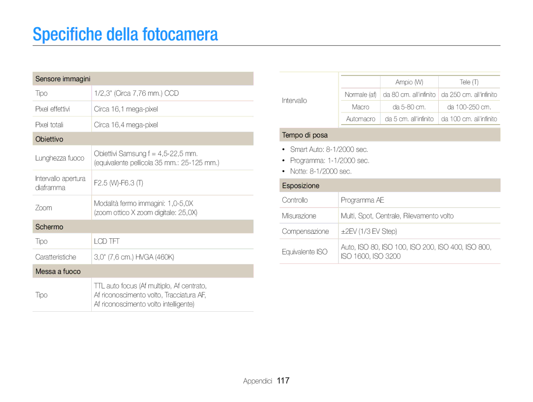 Samsung EC-ST88ZZFPBE1, EC-ST88ZZBPWE1, EC-ST88ZZBPBE1, EC-ST88ZZBPLE1, EC-ST88ZZFPLE1 manual Speciﬁche della fotocamera 