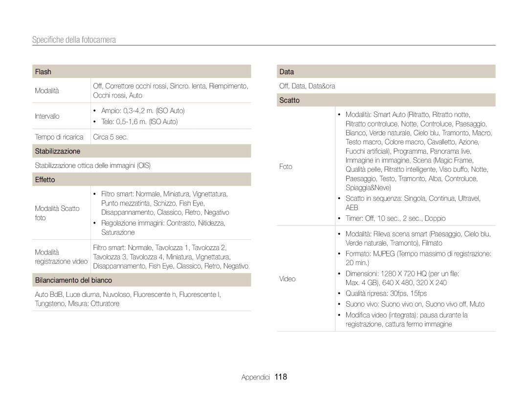 Samsung EC-ST88ZZFPWE1, EC-ST88ZZBPWE1, EC-ST88ZZBPBE1, EC-ST88ZZBPLE1, EC-ST88ZZFPLE1 manual Speciﬁche della fotocamera 