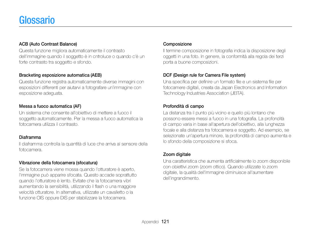 Samsung EC-ST88ZZBPLE1, EC-ST88ZZBPWE1, EC-ST88ZZBPBE1, EC-ST88ZZFPLE1, EC-ST88ZZFPBE1, EC-ST88ZZFPWE1 manual Glossario 