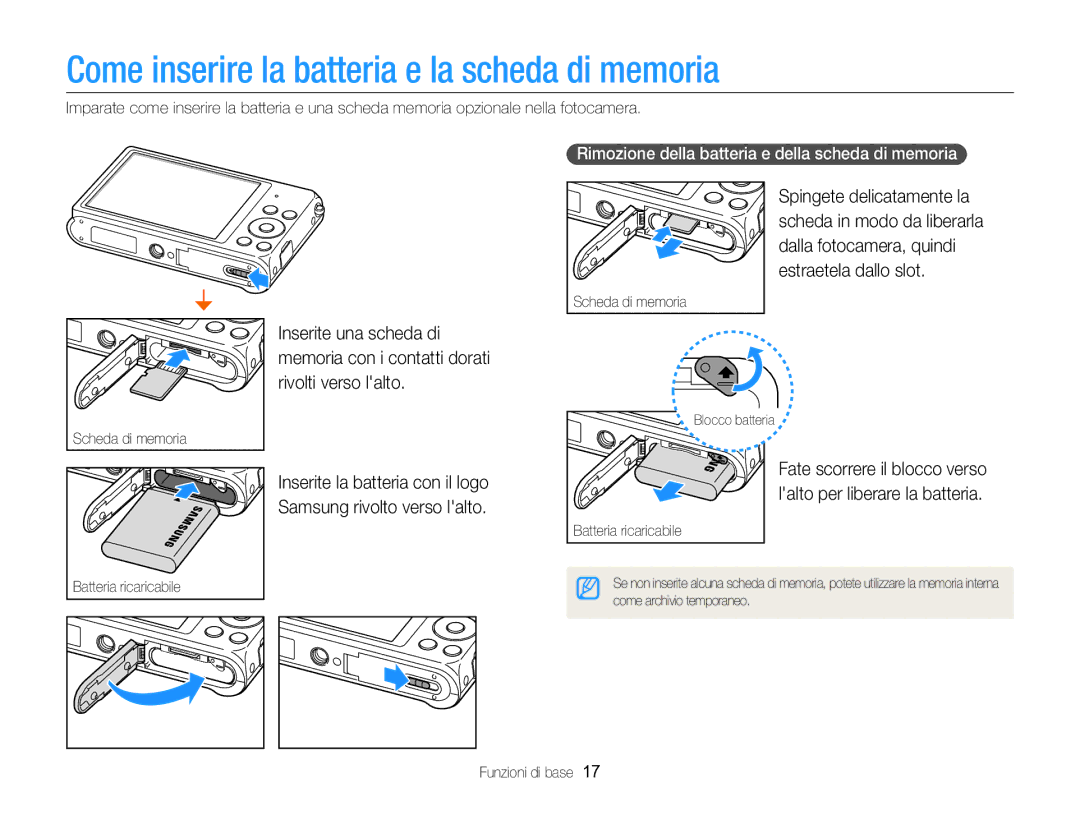 Samsung EC-ST88ZZBPWE1 manual Come inserire la batteria e la scheda di memoria, Inserite una scheda di, Rivolti verso lalto 