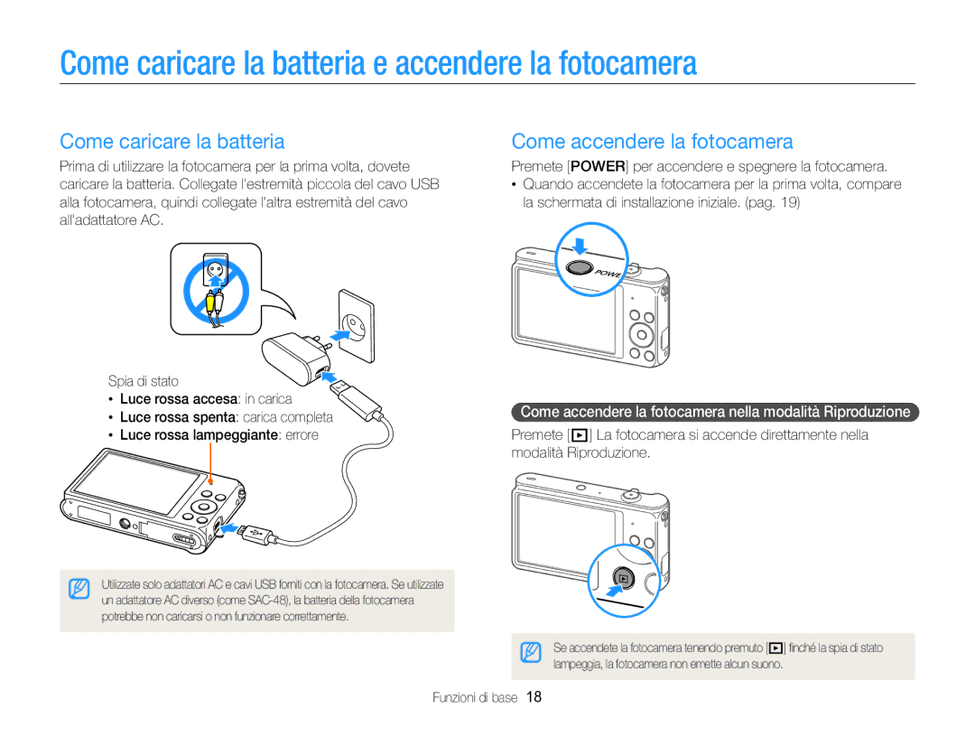 Samsung EC-ST88ZZBPBE1, EC-ST88ZZBPWE1 Come caricare la batteria e accendere la fotocamera, Come accendere la fotocamera 