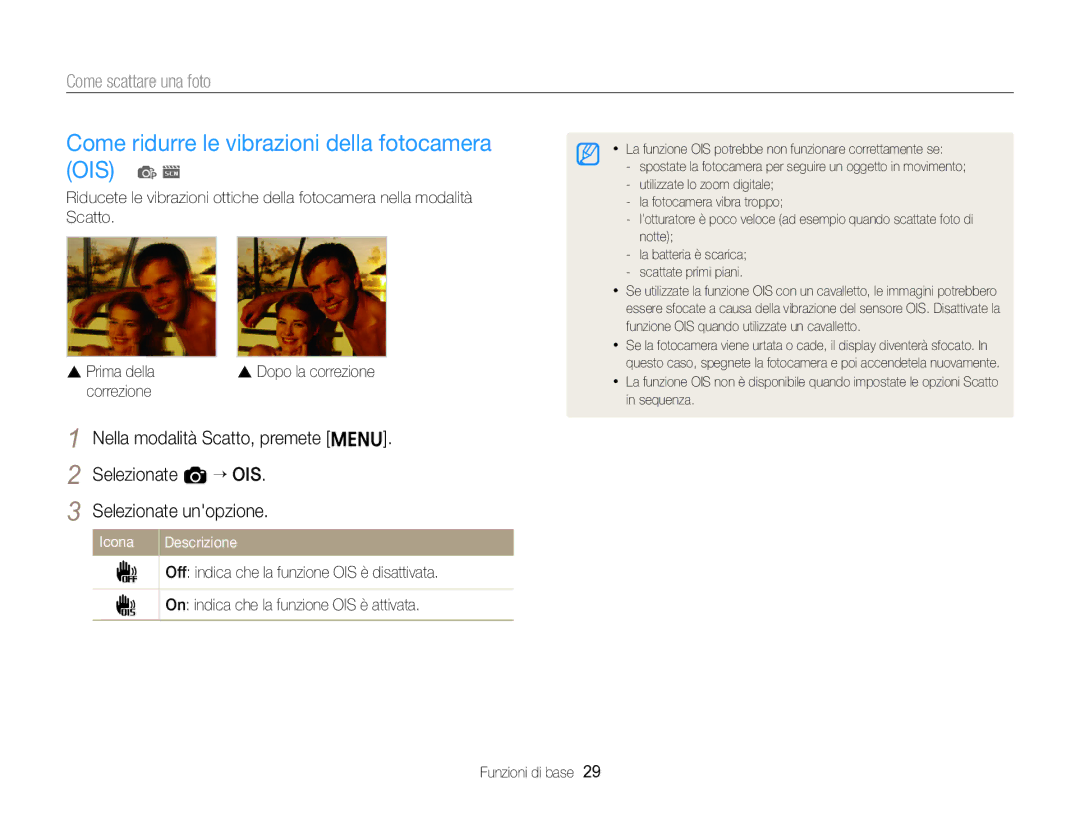 Samsung EC-ST88ZZBPWE1, EC-ST88ZZBPBE1, EC-ST88ZZBPLE1 manual Come ridurre le vibrazioni della fotocamera OIS p s, Correzione 