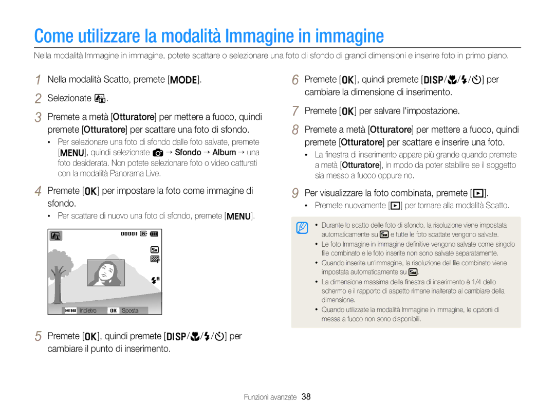 Samsung EC-ST88ZZFPLE1 Come utilizzare la modalità Immagine in immagine, Nella modalità Scatto, premete M Selezionate d 