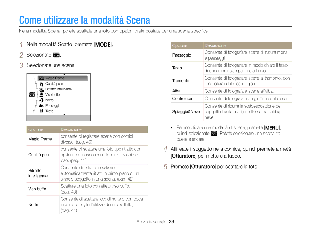 Samsung EC-ST88ZZFPBE1, EC-ST88ZZBPWE1, EC-ST88ZZBPBE1, EC-ST88ZZBPLE1, EC-ST88ZZFPLE1 manual Come utilizzare la modalità Scena 