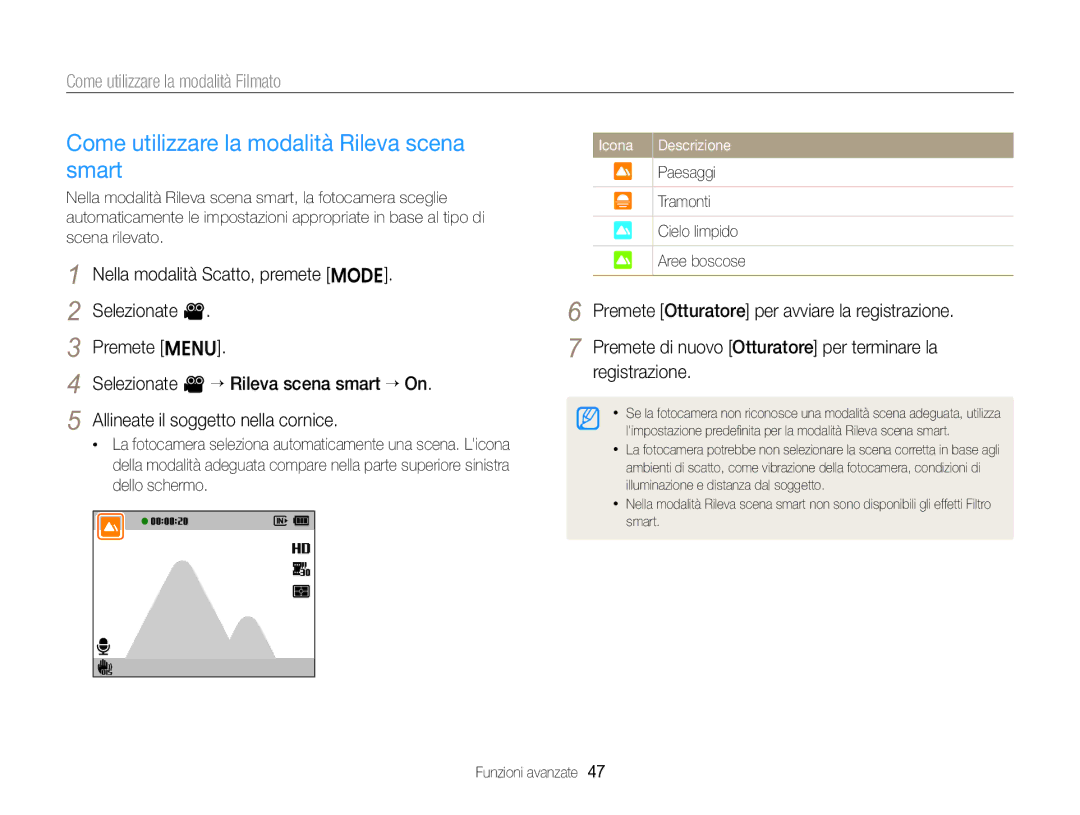 Samsung EC-ST88ZZBPWE1 manual Come utilizzare la modalità Rileva scena smart, Paesaggi Tramonti Cielo limpido Aree boscose 