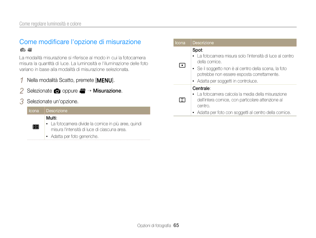 Samsung EC-ST88ZZBPWE1, EC-ST88ZZBPBE1 manual Come modiﬁcare lopzione di misurazione, Nella modalità Scatto, premete m 