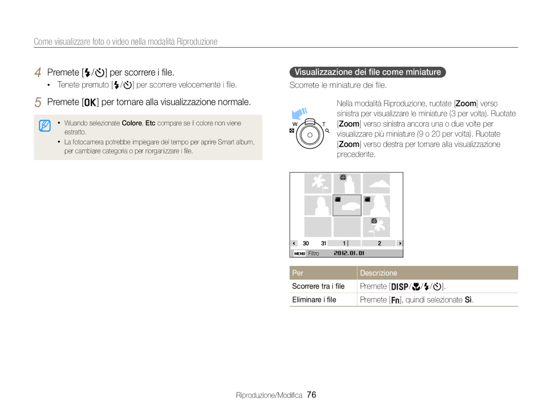 Samsung EC-ST88ZZFPWE1 manual Premete o per tornare alla visualizzazione normale, Visualizzazione dei ﬁle come miniature 