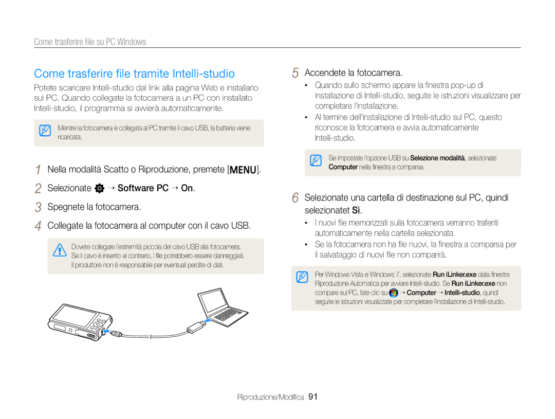 Samsung EC-ST88ZZBPLE1, EC-ST88ZZBPWE1 manual Come trasferire ﬁle tramite Intelli-studio, Come trasferire ﬁle su PC Windows 