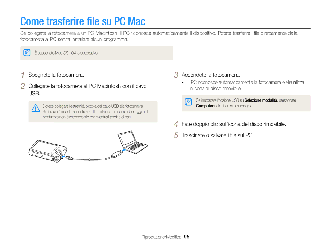 Samsung EC-ST88ZZBPWE1, EC-ST88ZZBPBE1, EC-ST88ZZBPLE1, EC-ST88ZZFPLE1, EC-ST88ZZFPBE1 manual Come trasferire ﬁle su PC Mac 