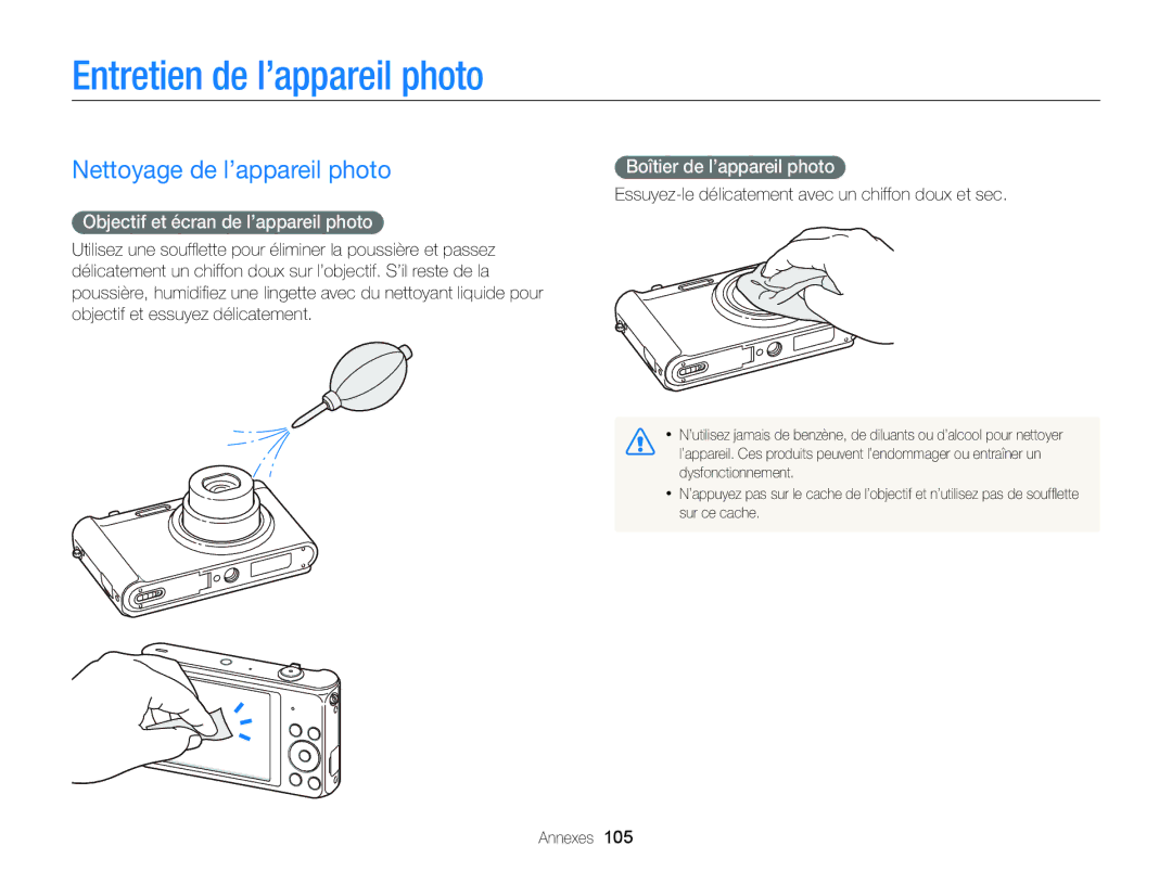 Samsung EC-ST88ZZBPBE1 Entretien de l’appareil photo, Nettoyage de l’appareil photo, Objectif et écran de l’appareil photo 