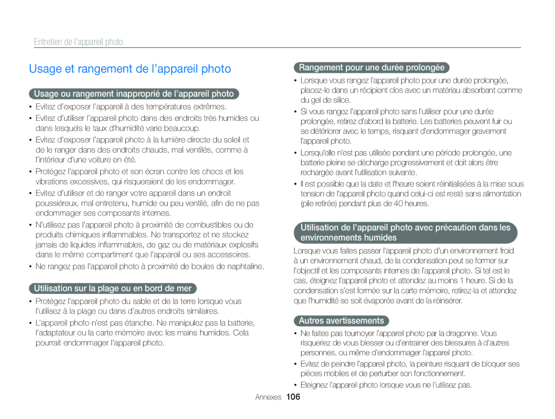 Samsung EC-ST88ZZBPLE1, EC-ST88ZZBPWE1 manual Usage et rangement de l’appareil photo, Entretien de l’appareil photo 