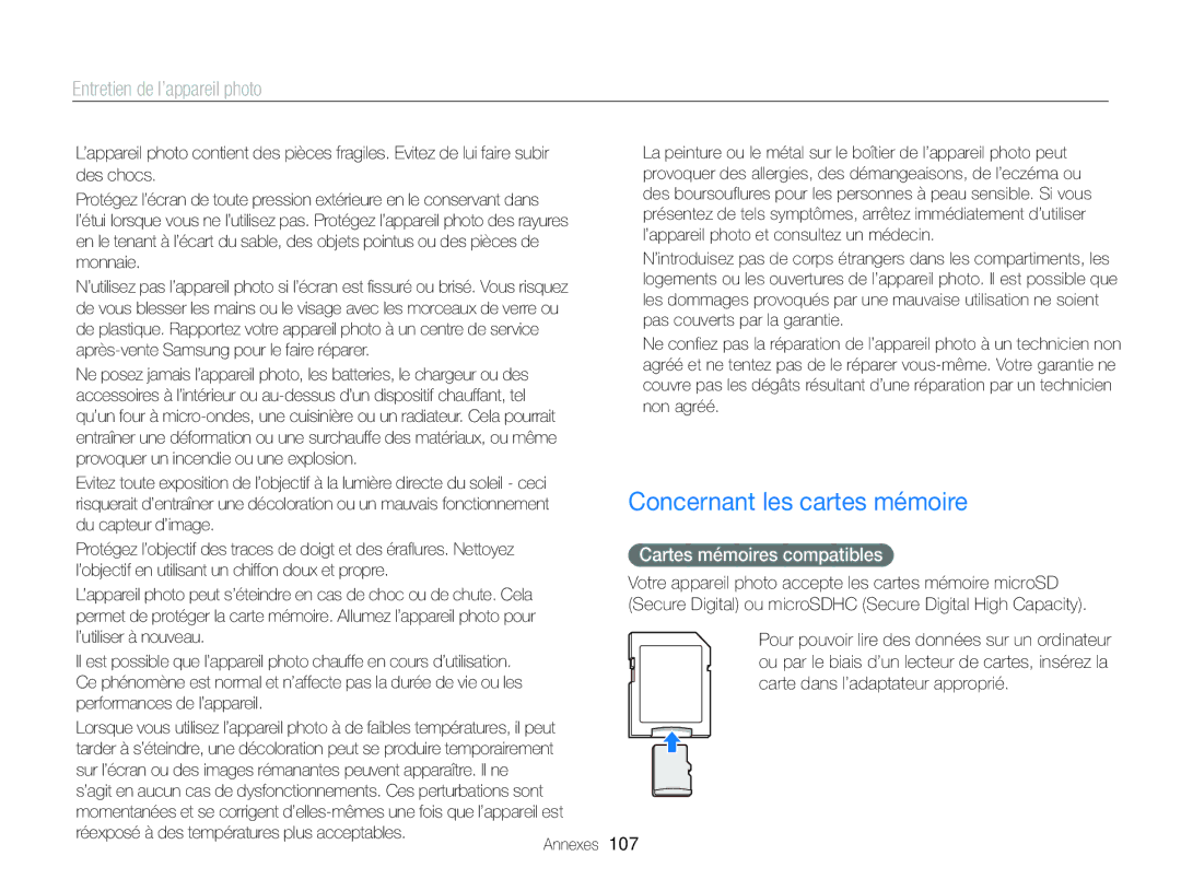 Samsung EC-ST88ZZBPWE1, EC-ST88ZZBPBE1, EC-ST88ZZBPLE1 manual Concernant les cartes mémoire, Cartes mémoires compatibles, 107 