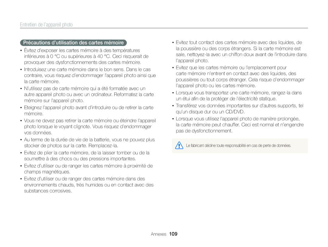 Samsung EC-ST88ZZBPLE1, EC-ST88ZZBPWE1, EC-ST88ZZBPBE1 manual Précautions d’utilisation des cartes mémoire 