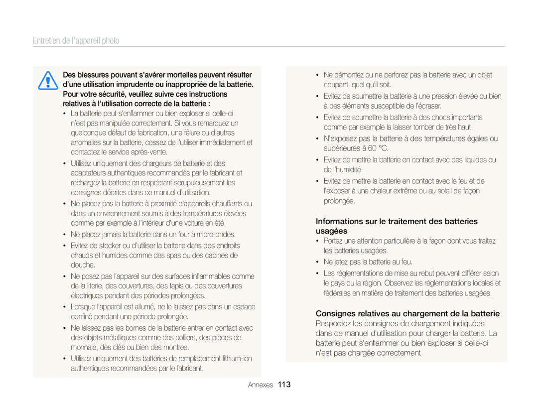 Samsung EC-ST88ZZBPWE1, EC-ST88ZZBPBE1, EC-ST88ZZBPLE1 manual Consignes relatives au chargement de la batterie 