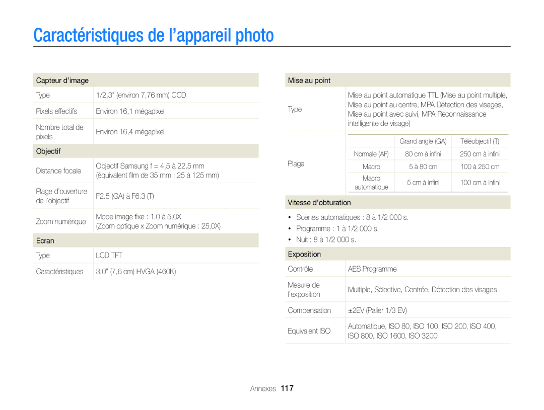 Samsung EC-ST88ZZBPBE1, EC-ST88ZZBPWE1, EC-ST88ZZBPLE1 manual Caractéristiques de l’appareil photo 