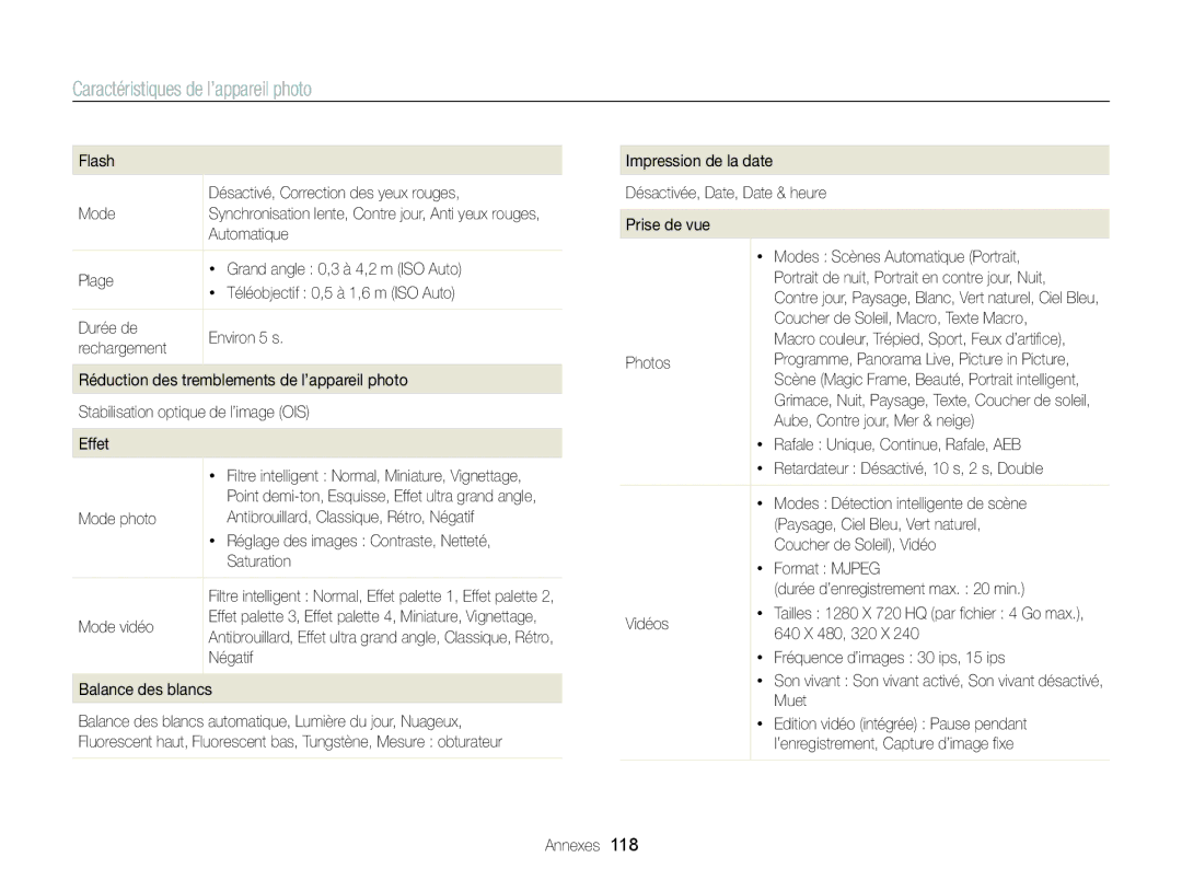Samsung EC-ST88ZZBPLE1, EC-ST88ZZBPWE1, EC-ST88ZZBPBE1 manual Caractéristiques de l’appareil photo 