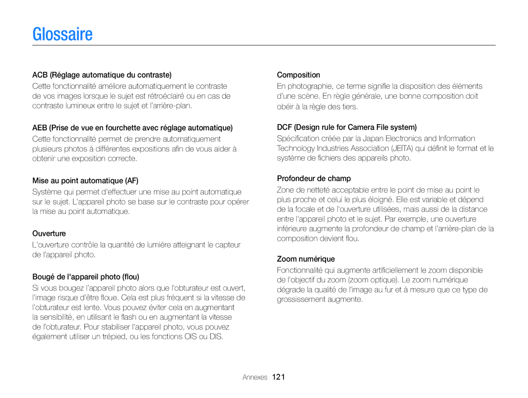 Samsung EC-ST88ZZBPLE1, EC-ST88ZZBPWE1, EC-ST88ZZBPBE1 manual Glossaire, ACB Réglage automatique du contraste 