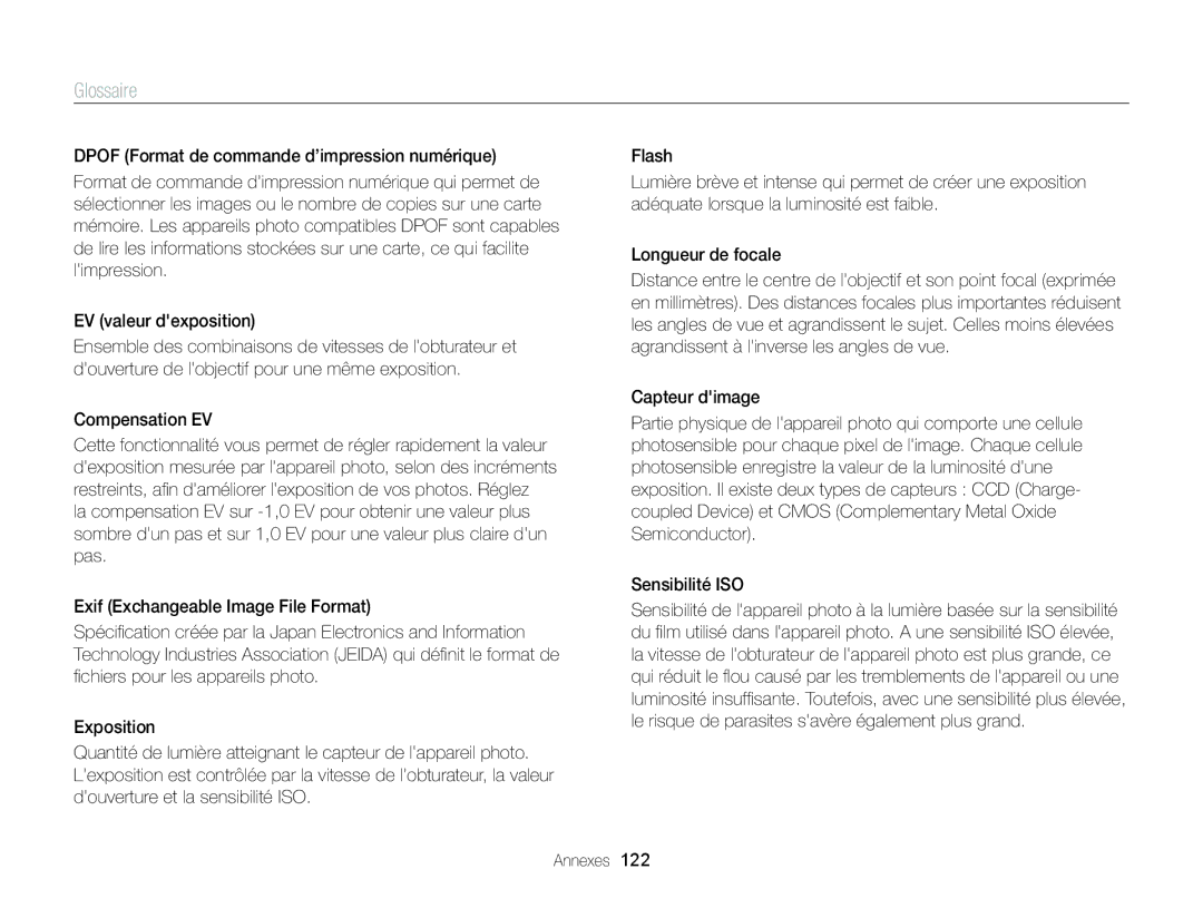 Samsung EC-ST88ZZBPWE1, EC-ST88ZZBPBE1, EC-ST88ZZBPLE1 manual Glossaire, Compensation EV 