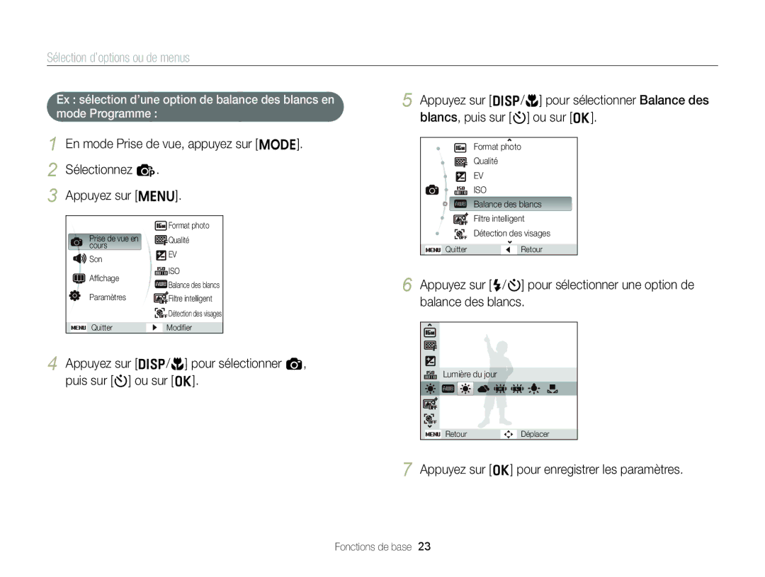 Samsung EC-ST88ZZBPWE1, EC-ST88ZZBPBE1 manual Sélection d’options ou de menus, Appuyez sur o pour enregistrer les paramètres 