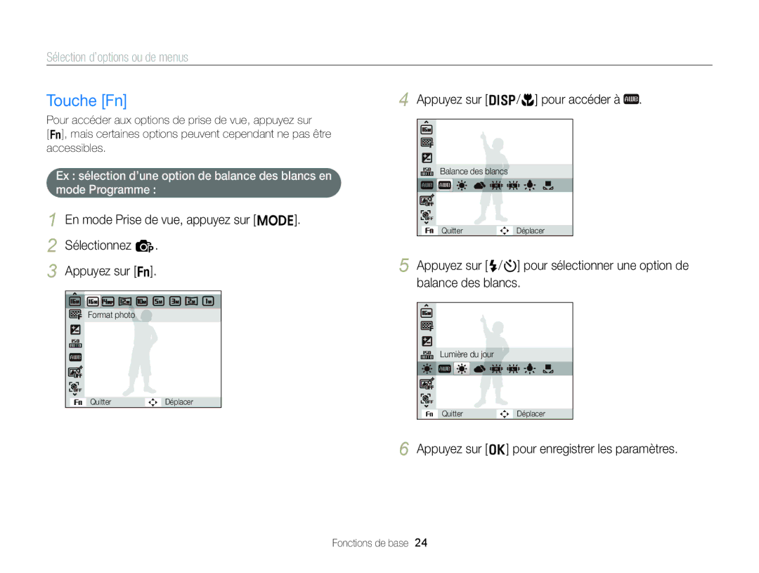 Samsung EC-ST88ZZBPBE1 manual Touche Fn, En mode Prise de vue, appuyez sur M Appuyez sur f, Appuyez sur D/c pour accéder à 