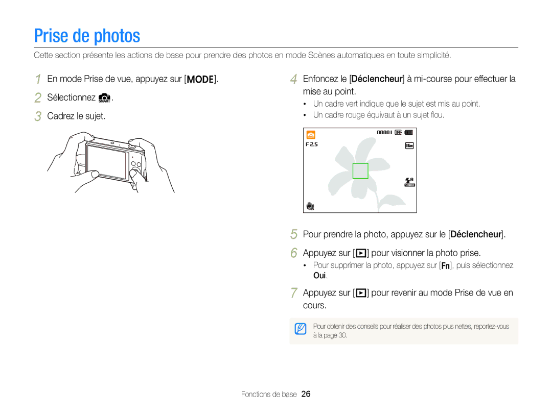 Samsung EC-ST88ZZBPWE1, EC-ST88ZZBPBE1 manual Prise de photos, Appuyez sur P pour revenir au mode Prise de vue en cours 