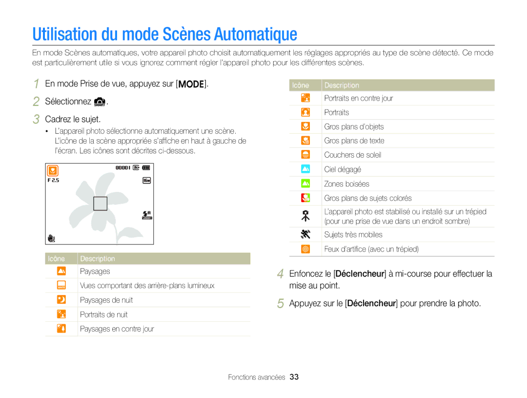 Samsung EC-ST88ZZBPBE1 manual Utilisation du mode Scènes Automatique, En mode Prise de vue, appuyez sur M, Sélectionnez S 