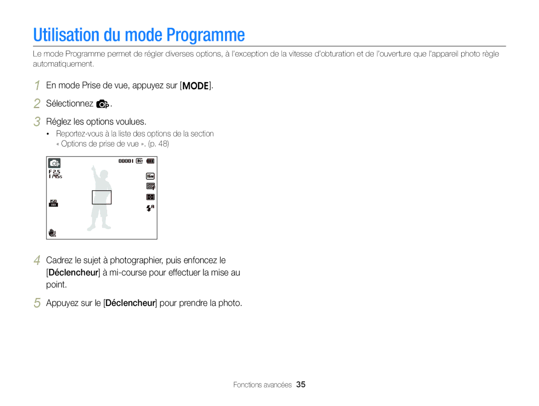 Samsung EC-ST88ZZBPWE1, EC-ST88ZZBPBE1, EC-ST88ZZBPLE1 manual Utilisation du mode Programme 