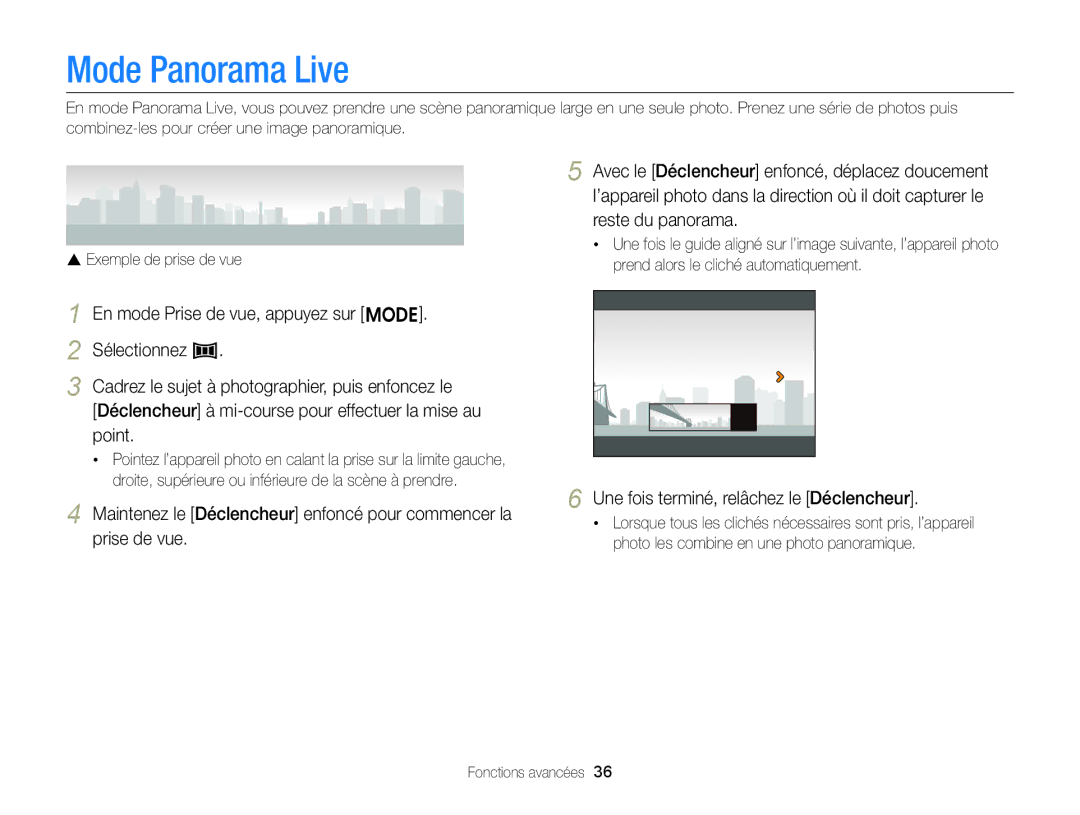 Samsung EC-ST88ZZBPBE1 manual Mode Panorama Live, Avec le Déclencheur enfoncé, déplacez doucement, Reste du panorama 