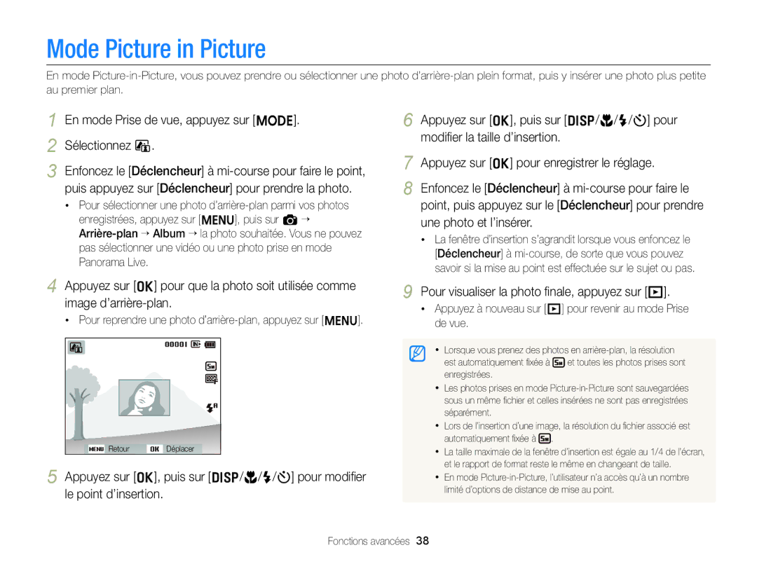 Samsung EC-ST88ZZBPWE1, EC-ST88ZZBPBE1 manual Mode Picture in Picture, En mode Prise de vue, appuyez sur M Sélectionnez d 