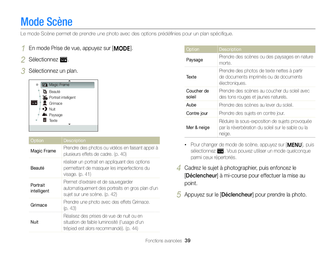 Samsung EC-ST88ZZBPBE1, EC-ST88ZZBPWE1, EC-ST88ZZBPLE1 manual Mode Scène 