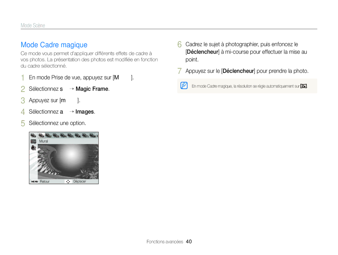 Samsung EC-ST88ZZBPLE1, EC-ST88ZZBPWE1, EC-ST88ZZBPBE1 manual Mode Cadre magique, Mode Scène 