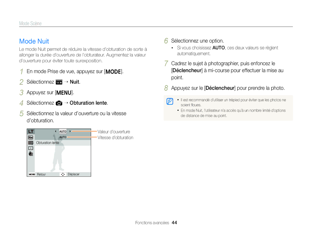 Samsung EC-ST88ZZBPWE1, EC-ST88ZZBPBE1, EC-ST88ZZBPLE1 manual Mode Nuit, Valeur d’ouverture Vitesse d’obturation 