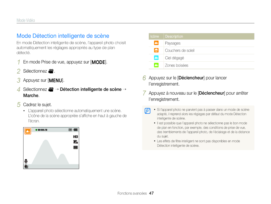 Samsung EC-ST88ZZBPWE1 manual Mode Détection intelligente de scène, Paysages Couchers de soleil Ciel dégagé Zones boisées 
