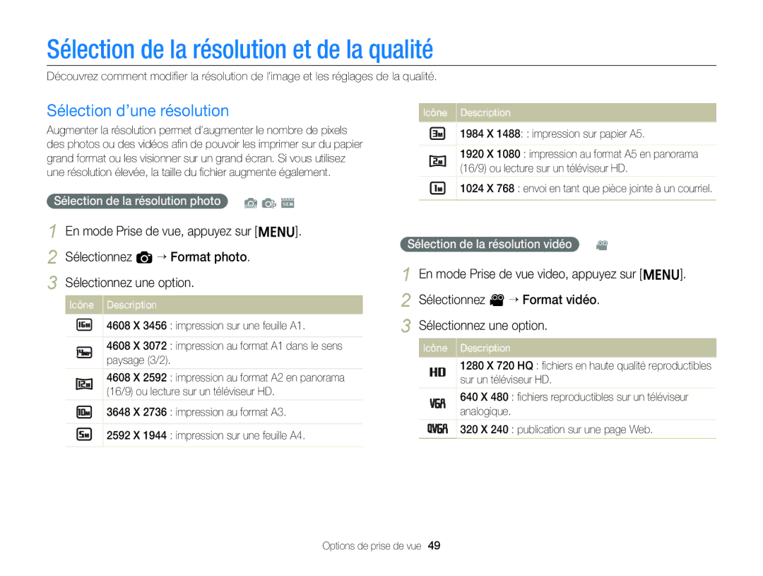 Samsung EC-ST88ZZBPLE1, EC-ST88ZZBPWE1 manual Sélection de la résolution et de la qualité, Sélection d’une résolution 