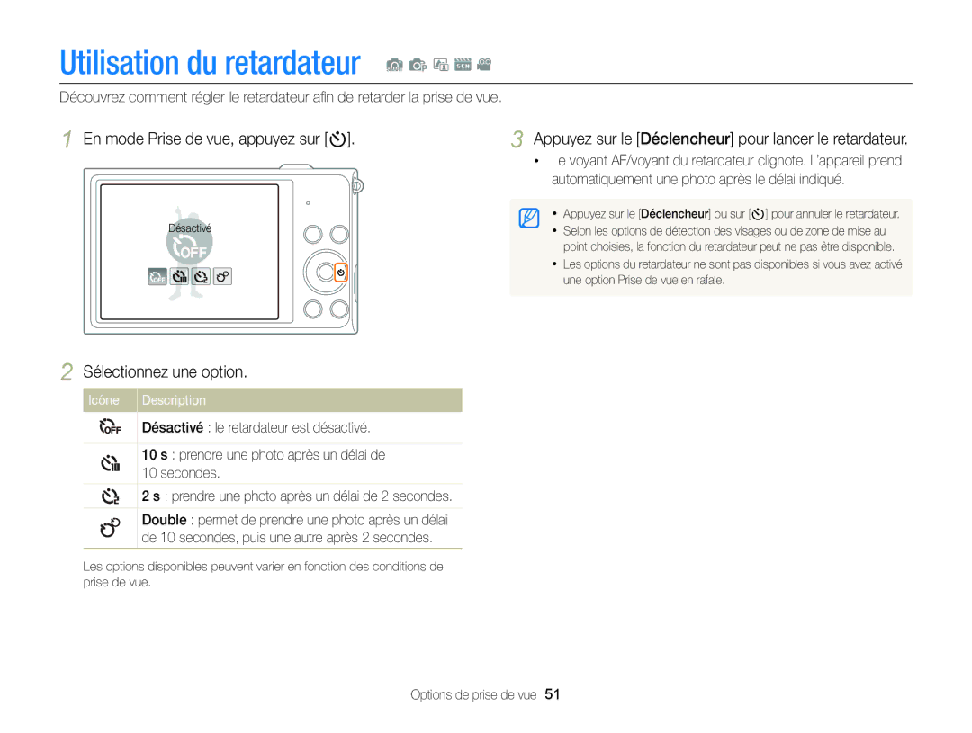 Samsung EC-ST88ZZBPBE1 manual En mode Prise de vue, appuyez sur t, Appuyez sur le Déclencheur pour lancer le retardateur 