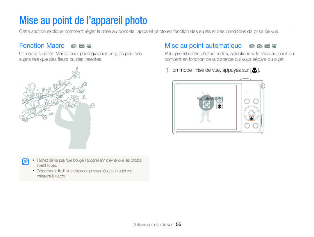 Samsung EC-ST88ZZBPLE1 manual Mise au point de l’appareil photo, Fonction Macro p s Mise au point automatique S p s 